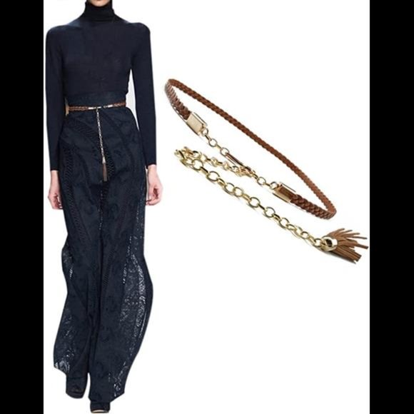 Women Ladies Fashion Metal Waist Belt Chain Skinny PU Leather Braided Rope main image 6